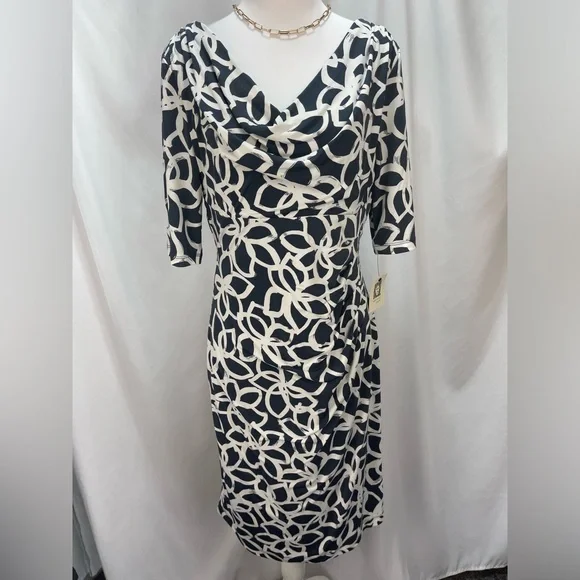 Anne Klein Elegant Slate and light cream floral Patterned Dress women’s size 8 - Picture 1 of 17